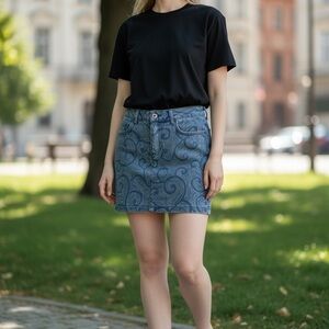 Denim Mini Skirt with Swirl Pattern